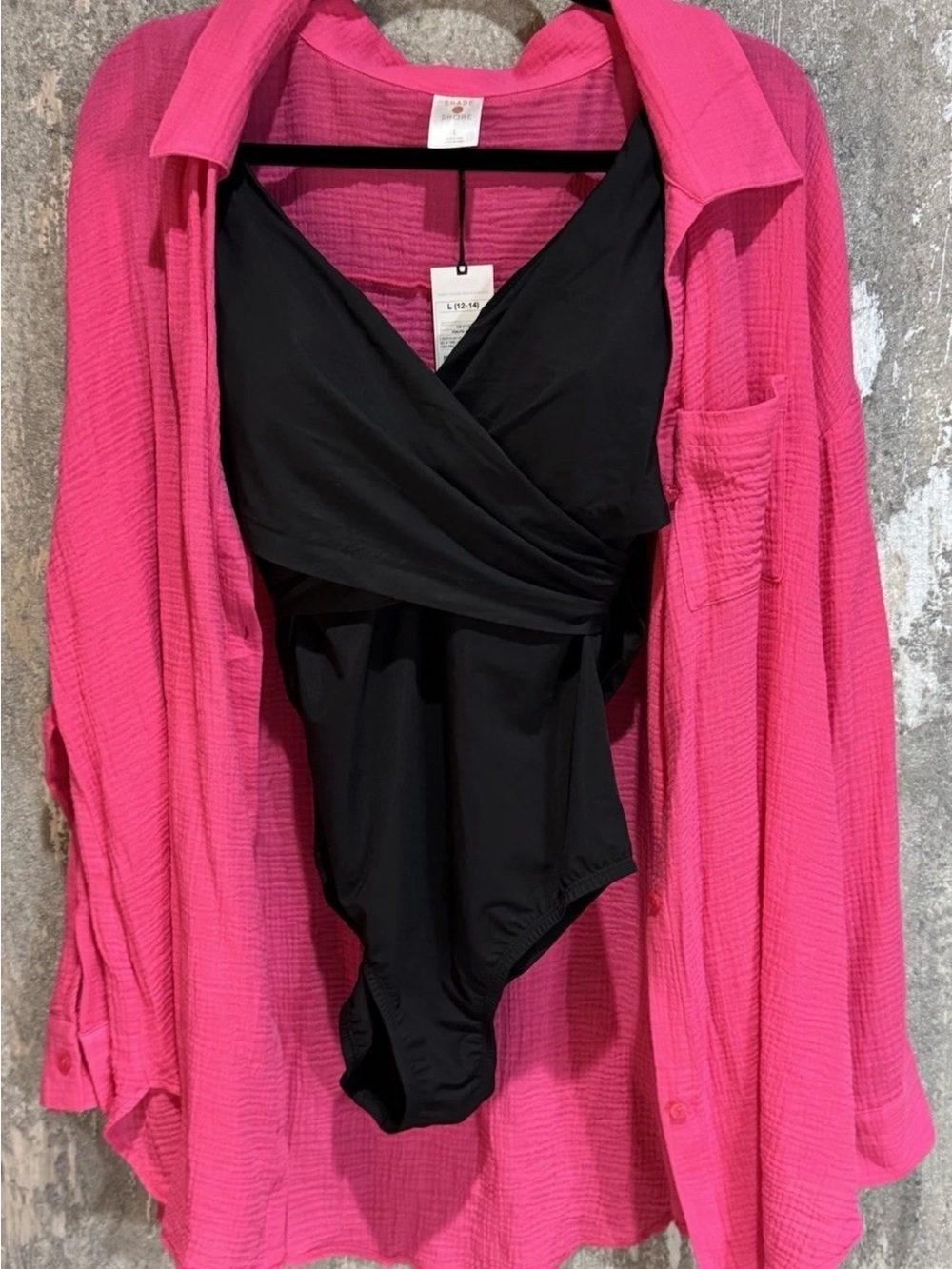 Lands’ End Black One Piece Swimsuit Size 14 Pink Cover Up Large NWT Beach Lot